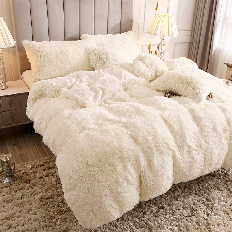 Uhamho Faux Fur Velvet Fluffy Bedding Duvet Cover Set Down Comforter Quilt Cover with Pillow Sham, Ultra Soft Warm (Twin, Cream) - Image 3